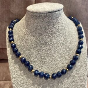 Vintage Sodalite and Gold Beaded Single Strand Necklace 24”